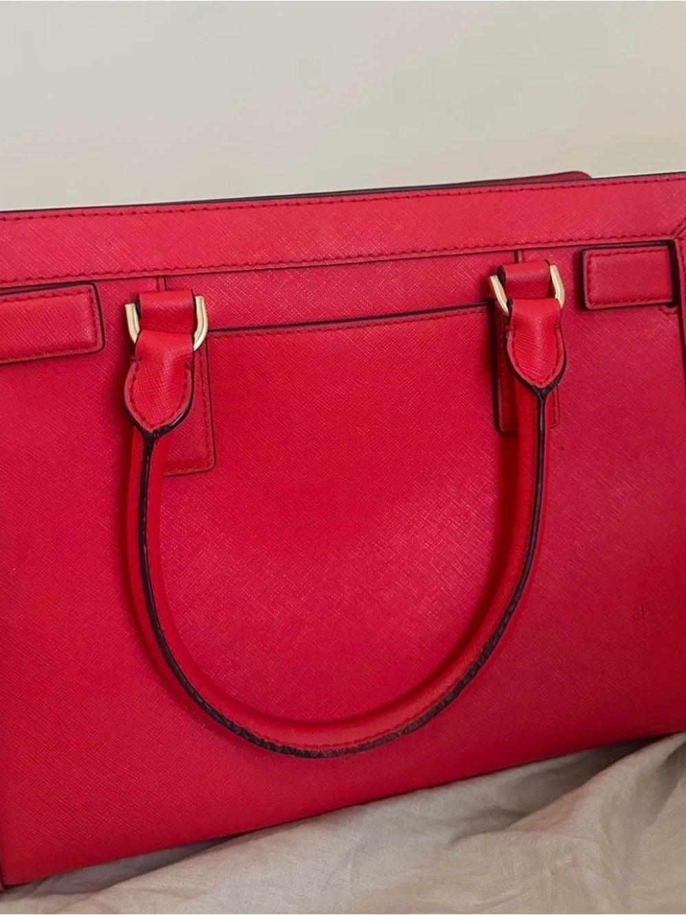 MICHAEL KORS Bright Red Saffiano Satchel with Fur Pom